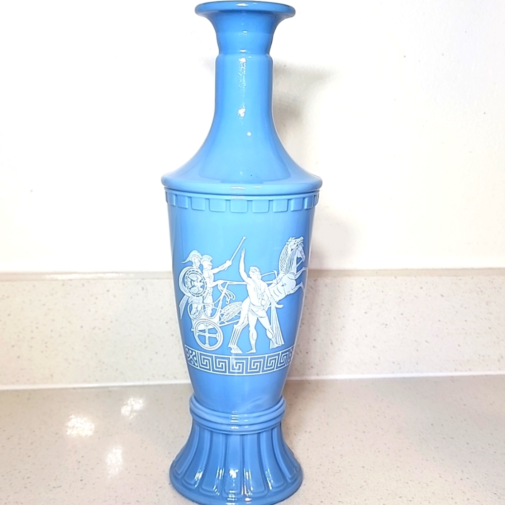 Vintage 1960’s Jim Beam Greek Roman Style Blue Milk glass Decanter No Lid